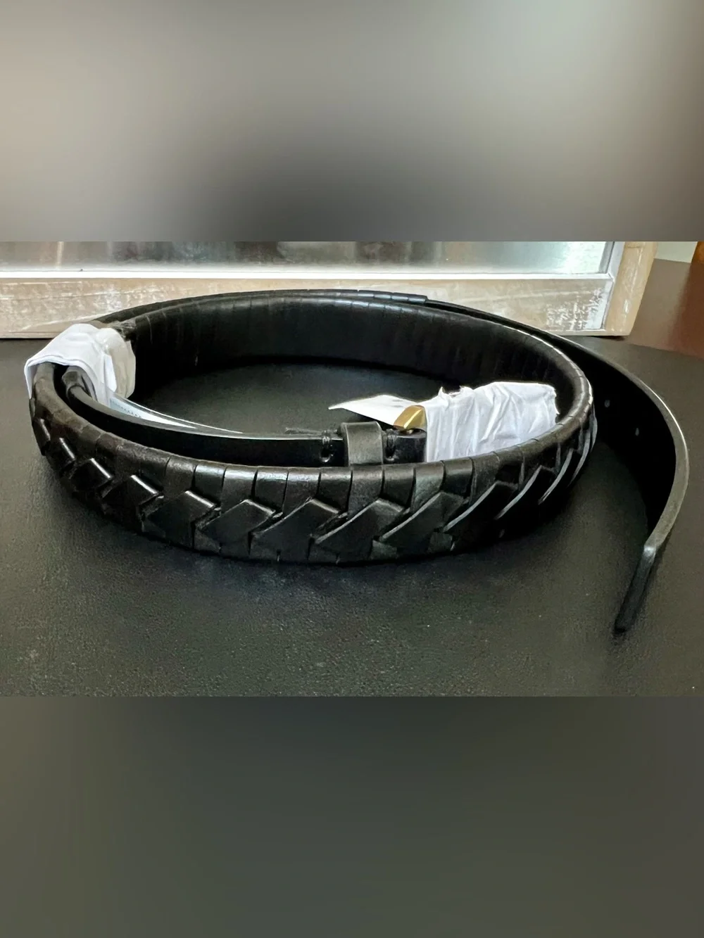 ALLSAINTS Braided Black Leather Belt and Antique Brass Hexagonal Buckle